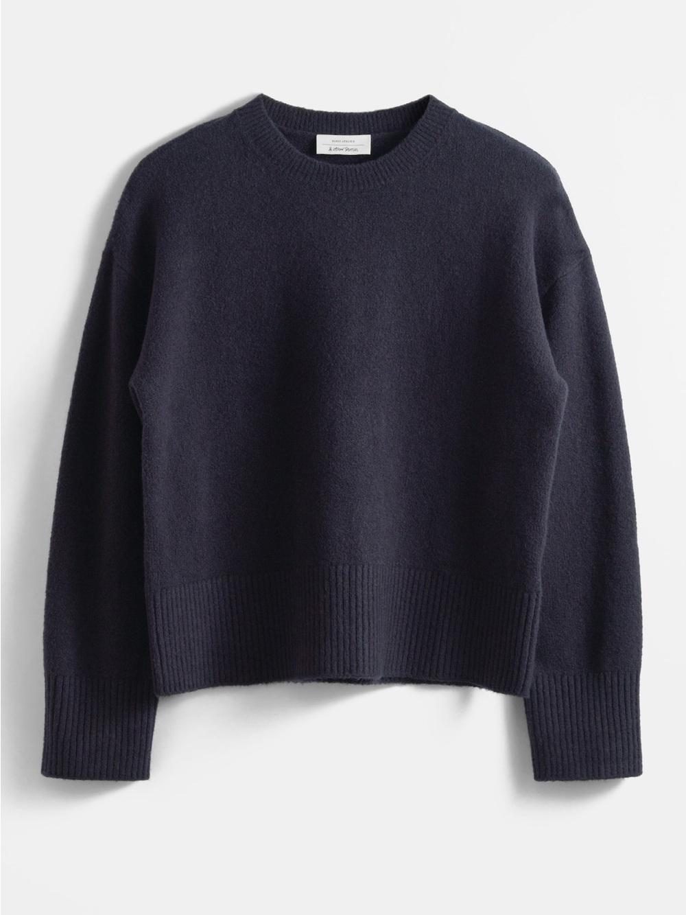 & Other Stories Relaxed Knit Crewneck Sweater Black, Wool Ribbed Hem, XS Chunky